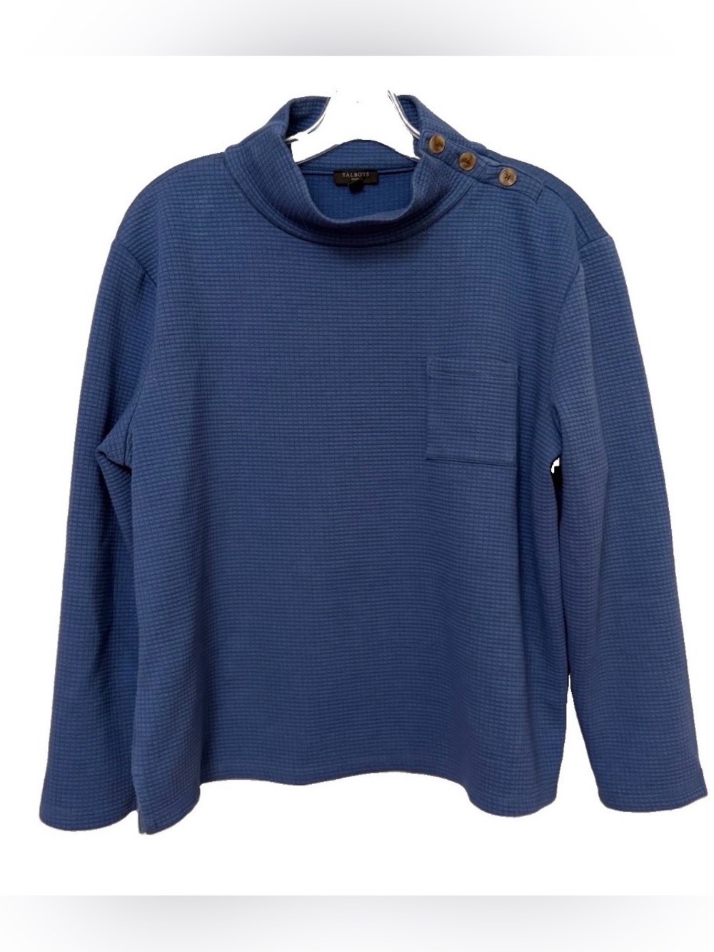 Talbots Petite Women’s Sweater L Mock Neck Top Waffle Knit Blue Button Winter